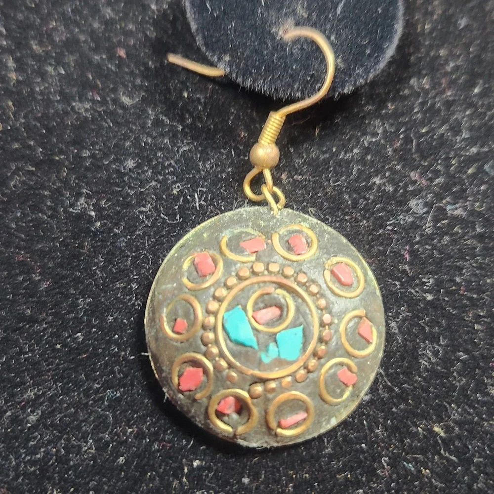 Tibetan Mosaic Inlay Drop Earrings Turquoise Coral Brass Boho Round Dangle